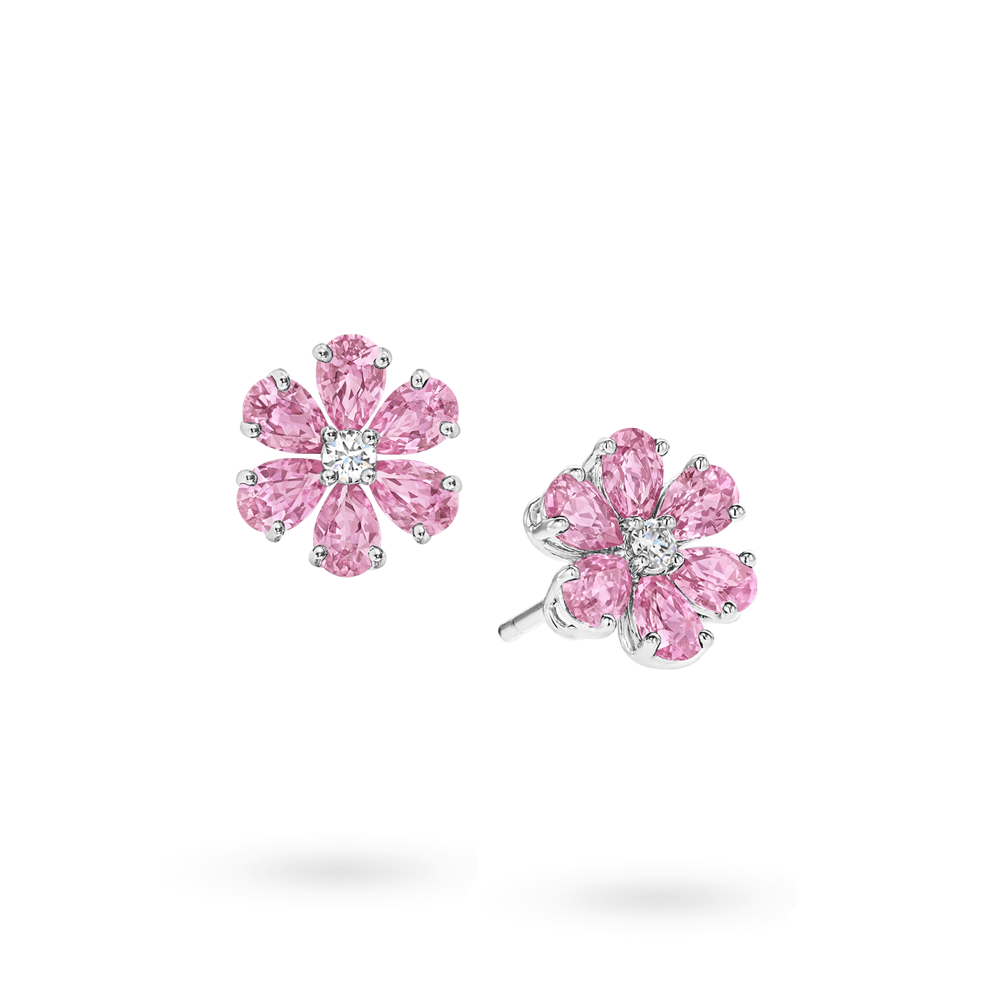 Forget-Me-Not粉色蓝宝石和钻石耳环斜视图